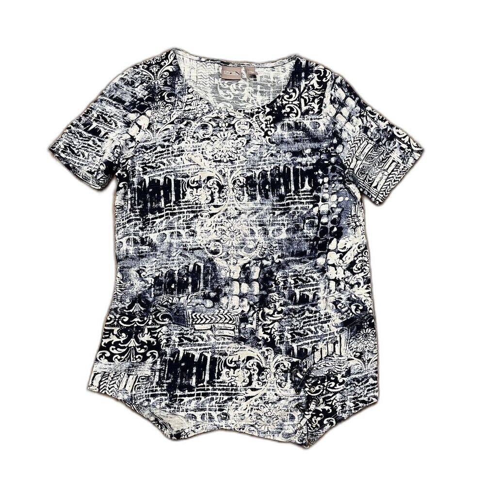 Chicos Top Shirt Womens 0 Small Paisley Cotton Navy Beige Asymmetric Hem